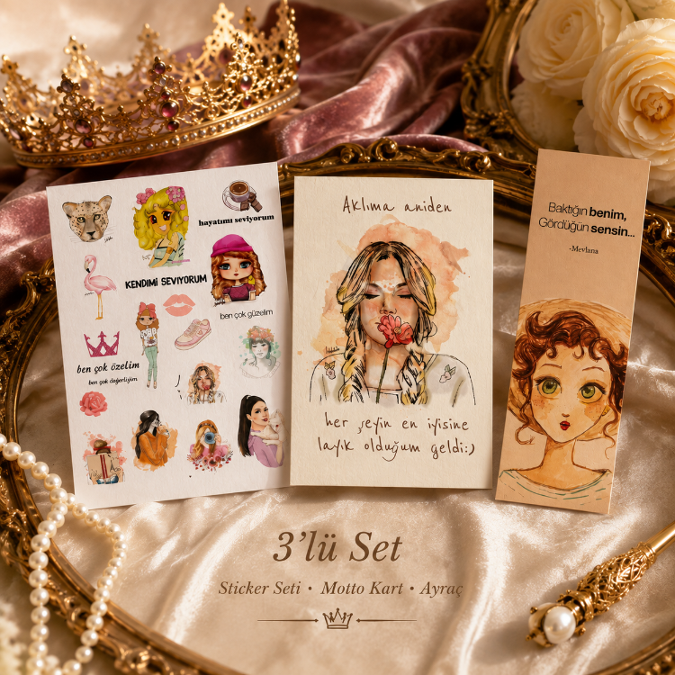 Kendini Sevme 3’lü Hediye Seti – Sticker Seti, Motto Kart ve Kitap Ayracı