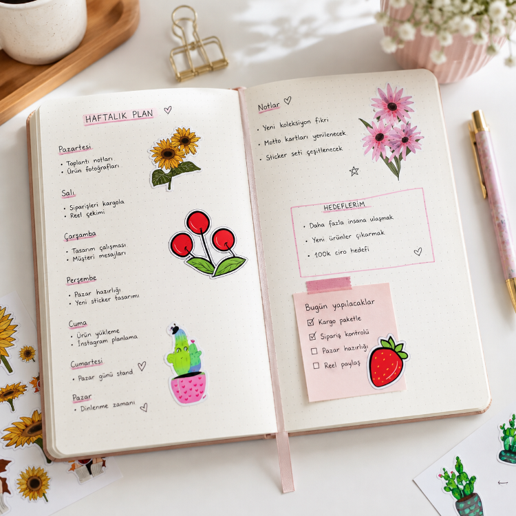 5’li Dekoratif Sticker Seti | Çiçek, Kaktüs, Meyve & Bitki Temalı | Laptop, Defter, Ajanda