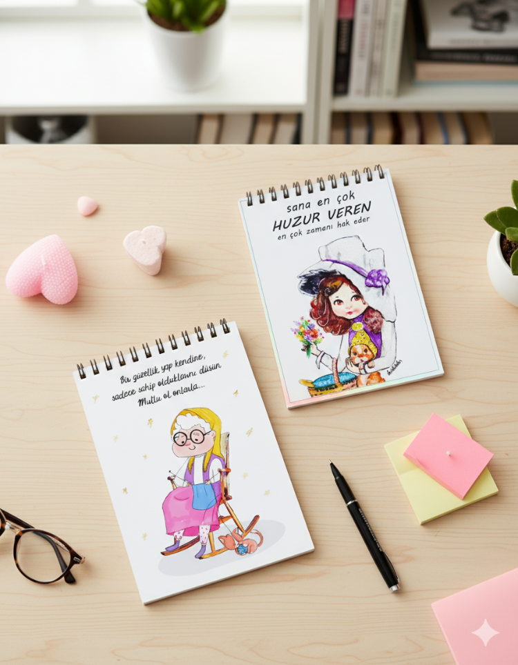Kawaii Çizimli İkili Notluk Defter Seti - Hediyelik Okul Ofis Defteri