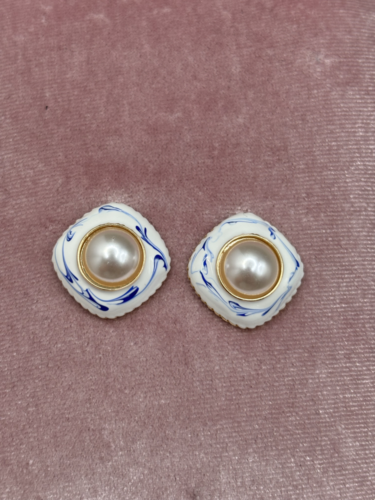 Kadın İnci Detaylı Mavi Desenli Vintage Küpe