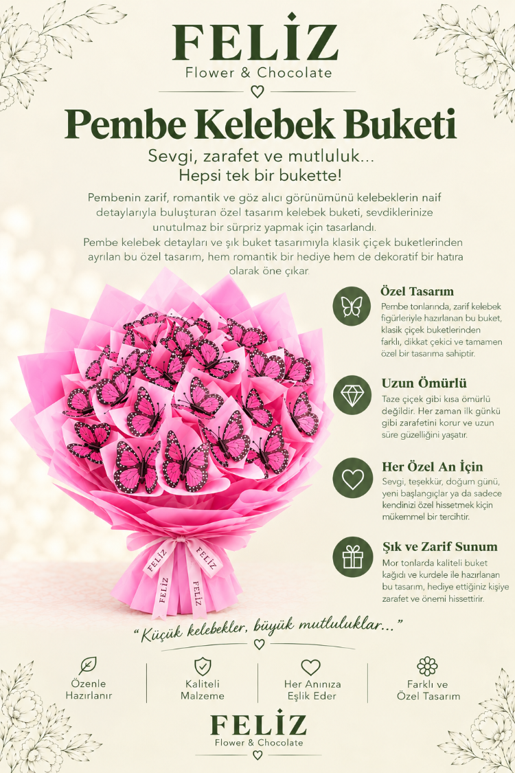 Feliz Flower Studio Pembe Premium Kelebek Buketi – Özel Tasarım Hediye