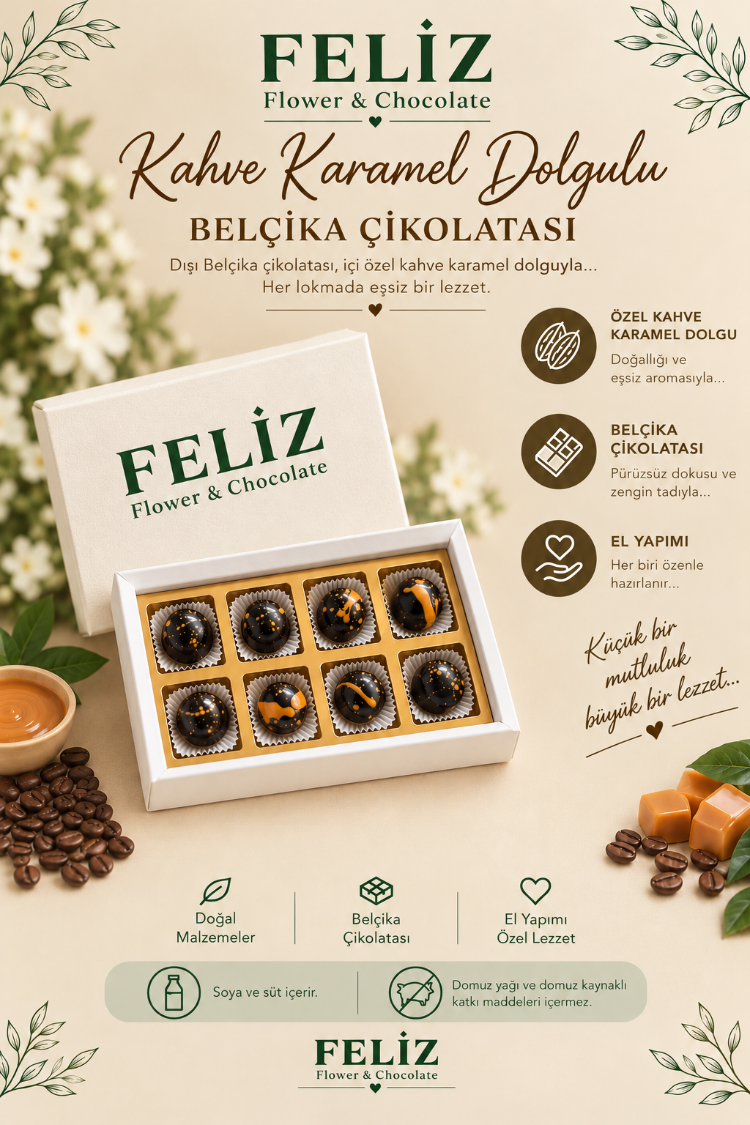 Feliz Flower Studio 8’li Kahve Karamel Dolgulu Belçika Çikolatası