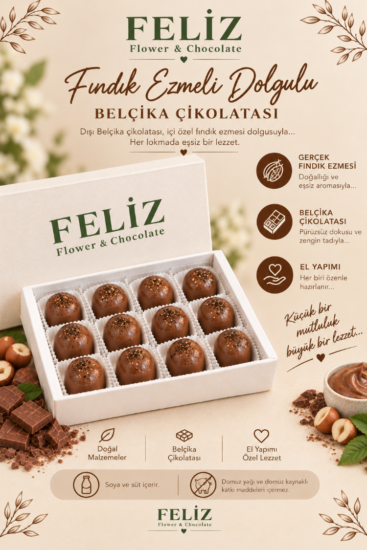 Feliz Flower Studio 15’li Fındık Ezmeli Dolgulu Belçika Çikolatası