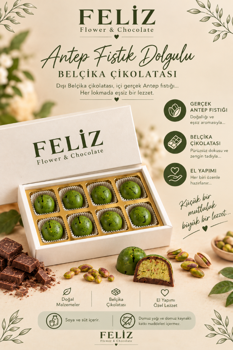 Feliz Flower Studio 8’li Antep Fıstığı Dolgulu Belçika Çikolatası