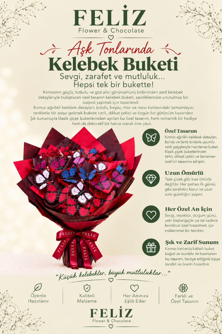 Feliz Flower Studio Renkli Premium Kelebek Buketi – Özel Tasarım Hediye