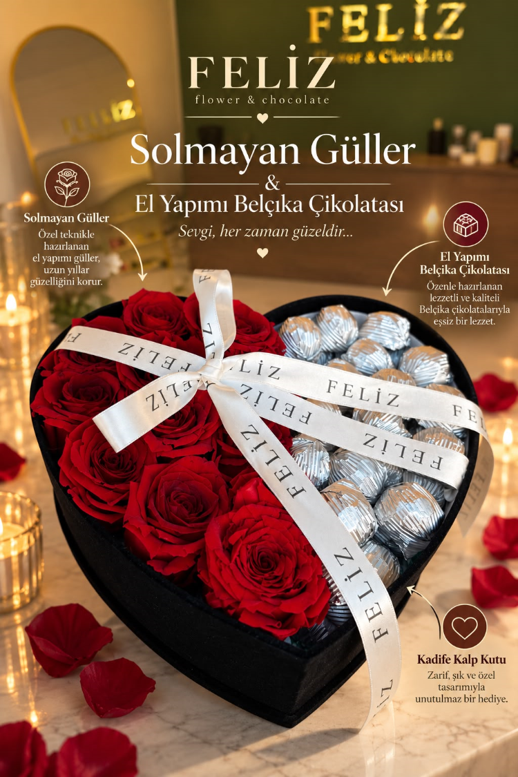 Feliz Flower Studio Kadife Kutuda 12'li Solmayan Gül & El Yapımı Belçika Çikolatası