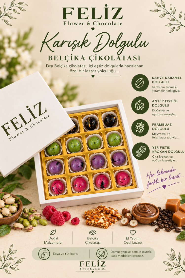 Feliz Flower Studio 16’lı Karışık Dolgulu Belçika Çikolatası