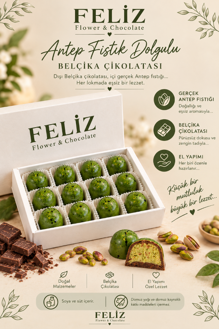 Feliz Flower Studio 15’li Antep Fıstık Dolgulu Belçika Çikolatası