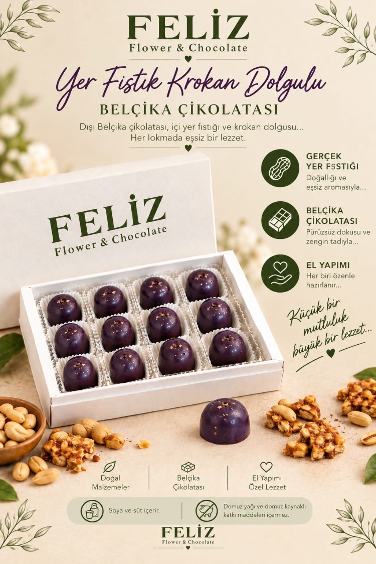 Feliz Flower Studio 15’li Yer Fıstık Krokan Dolgulu Belçika Çikolatası