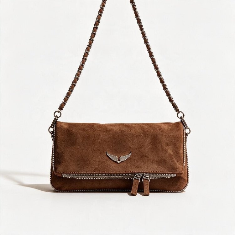Zadig & Voltaire Süet Taba Çift Zincir Boncuklu Model Süet Çanta