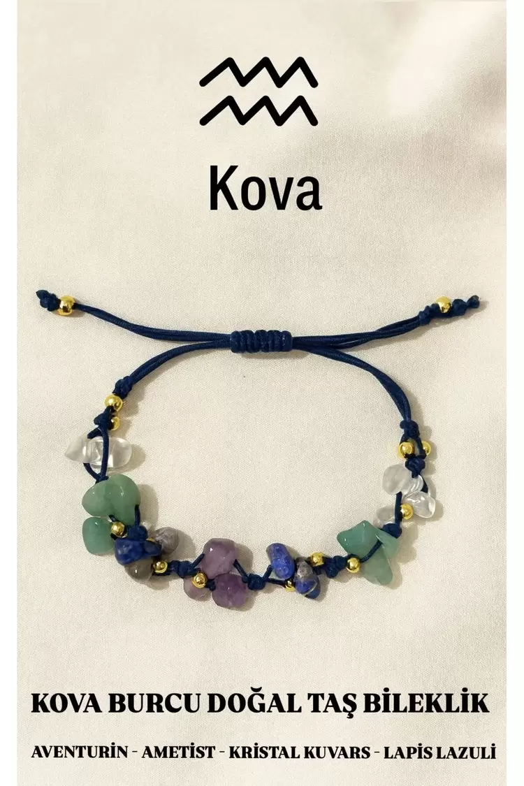 Kova Burcu Gerçek Doğal Taş Örme Bileklik – Aventurin, Ametist, Lapis Lazuli, Kristal Kuvars