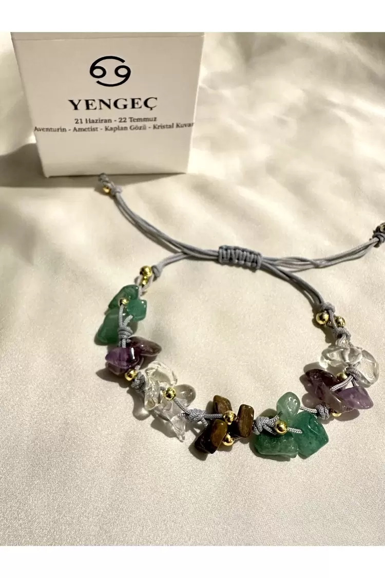 Yengeç Burcu Gerçek Doğal Taş Örme Bileklik - Aventurin, Kaplan Gözü, Kristal Kuvars, Ametist