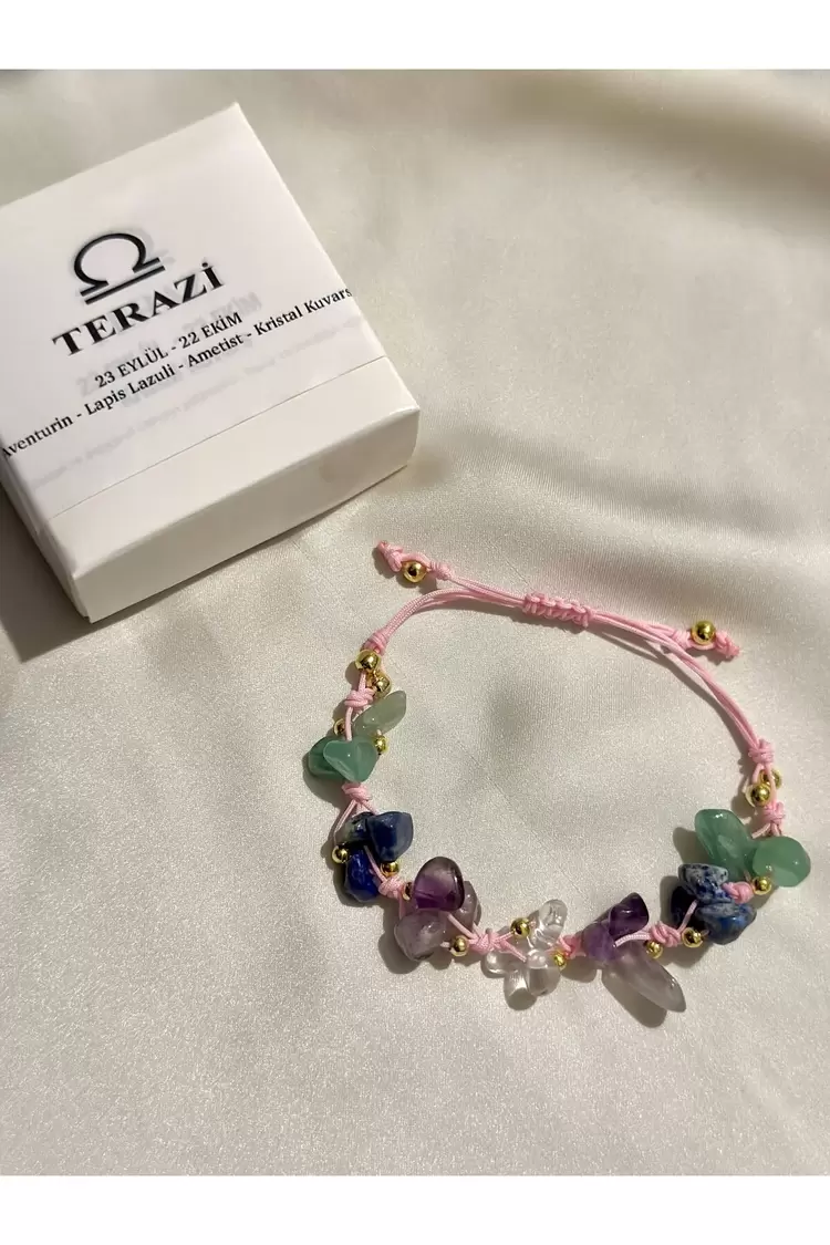 Terazi Burcu Gerçek Doğal Taş Örme Bileklik - Aventurin, Lapis Lazuli, Ametist, Kristal Kuvars