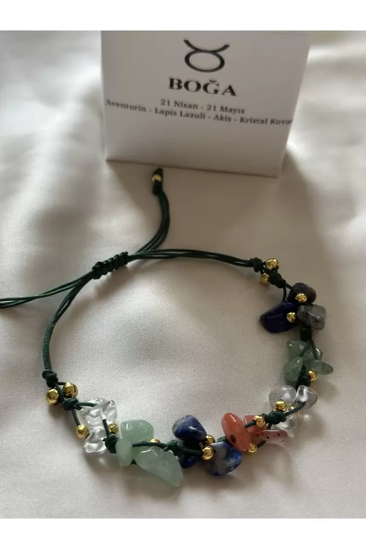 Boğa Burcu Gerçek Doğal Taş Örme Bileklik - Aventurin, Lapis Lazuli, Akik, Kristal Kuvars