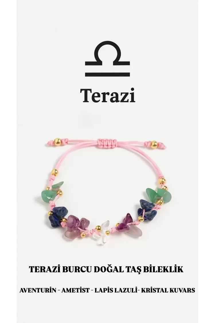 Terazi Burcu Gerçek Doğal Taş Örme Bileklik - Aventurin, Lapis Lazuli, Ametist, Kristal Kuvars