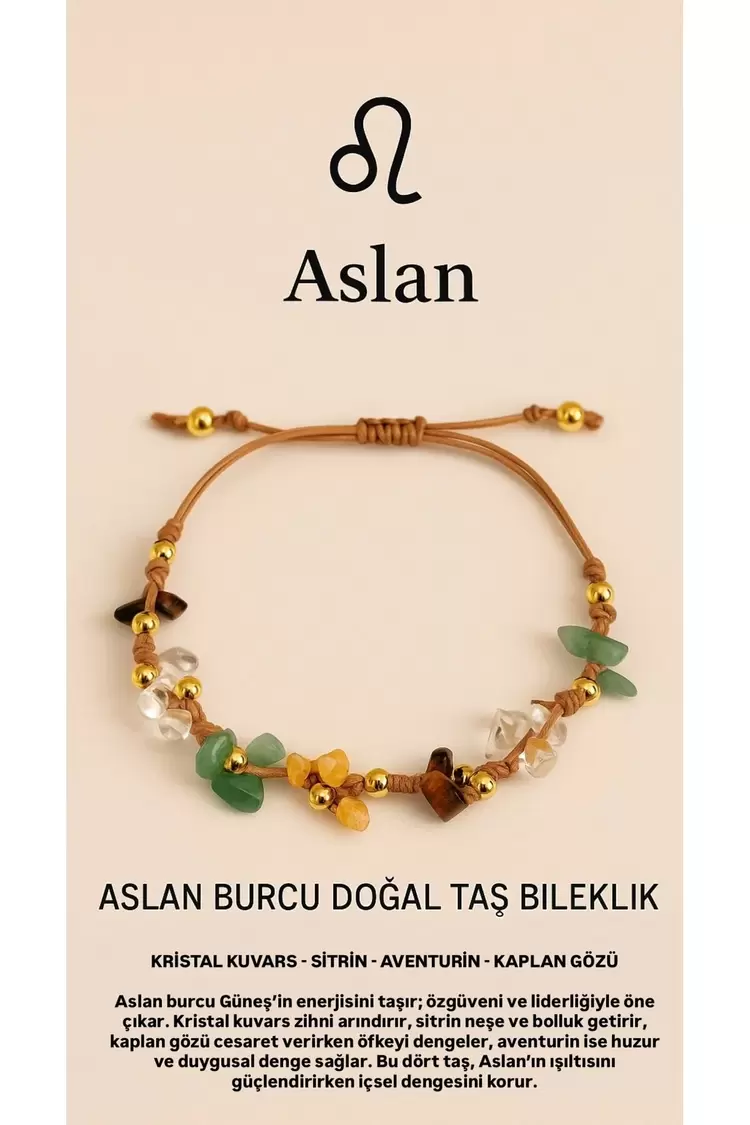 Aslan Burcu Gerçek Doğal Taş Örme Bileklik – Sitrin, Aventurin, Kristal Kuvars, Kaplan Gözü