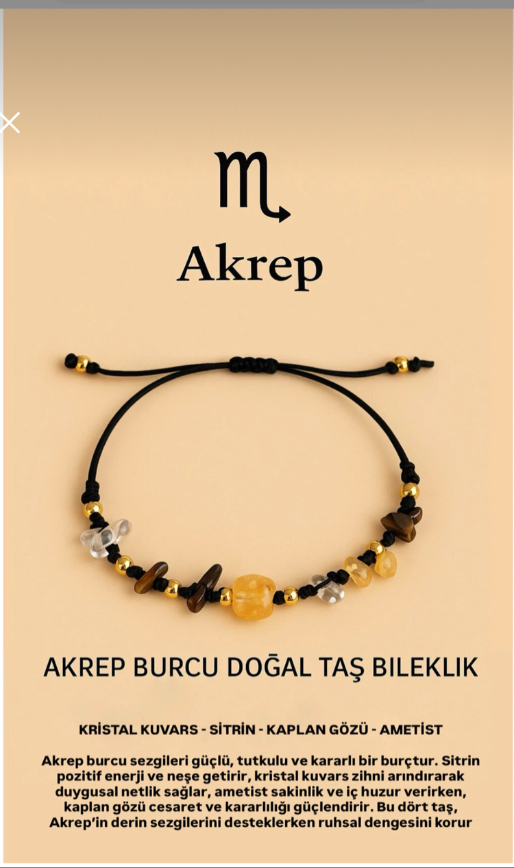 Akrep Burcu Gerçek Doğal Taş Örme Bileklik - Sitrin, Ametist, Kristal Kuvars, Kaplan gözü
