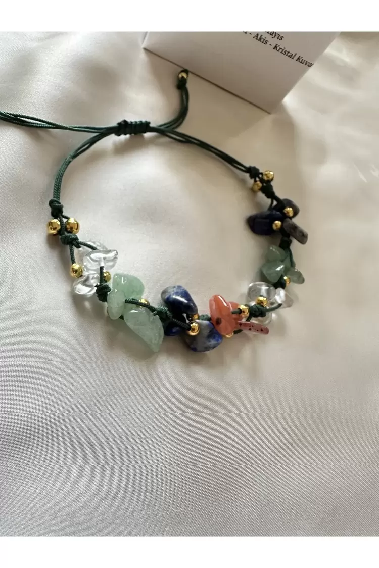 Boğa Burcu Gerçek Doğal Taş Örme Bileklik - Aventurin, Lapis Lazuli, Akik, Kristal Kuvars