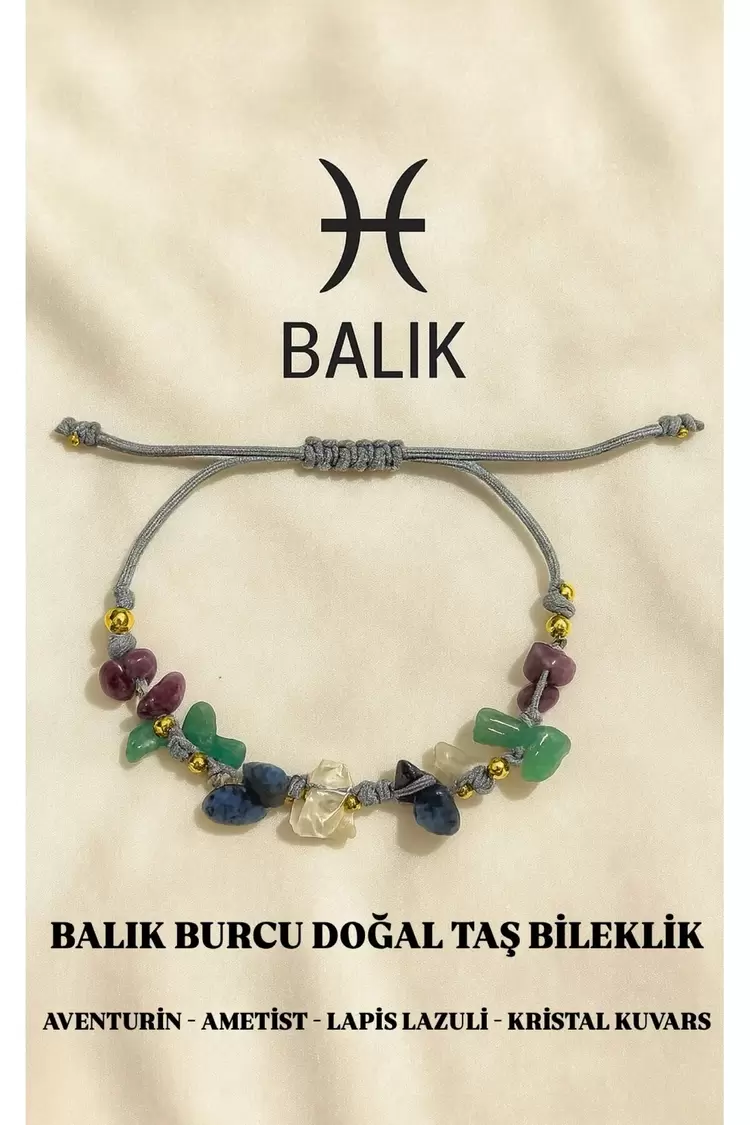 Balık Burcu Gerçek Doğal Taş Örme Bileklik - Aventurin, Ametist, Lapis Lazuli, K Kuvars