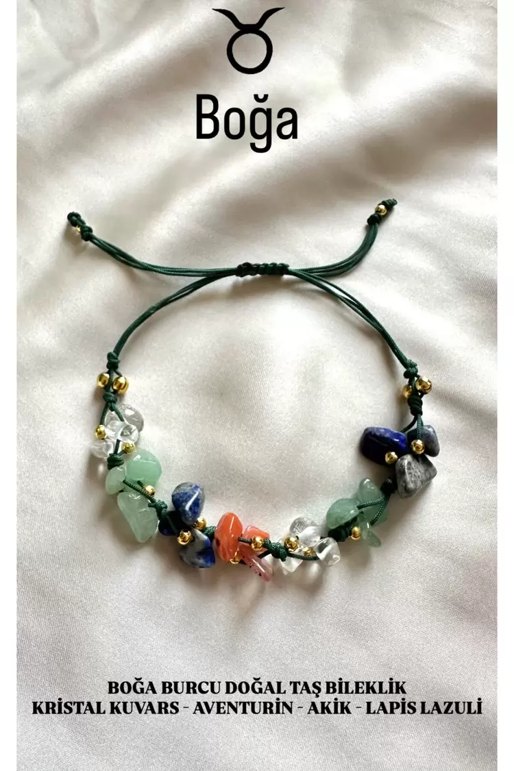 Boğa Burcu Gerçek Doğal Taş Örme Bileklik - Aventurin, Lapis Lazuli, Akik, Kristal Kuvars