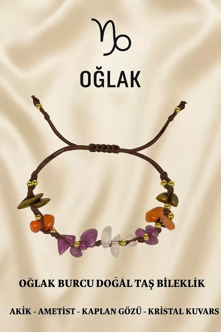 Oğlak Burcu Gerçek Doğal Taş Örme Bileklik – Akik, Ametist, Kaplan Gözü, Kristal Kuvars