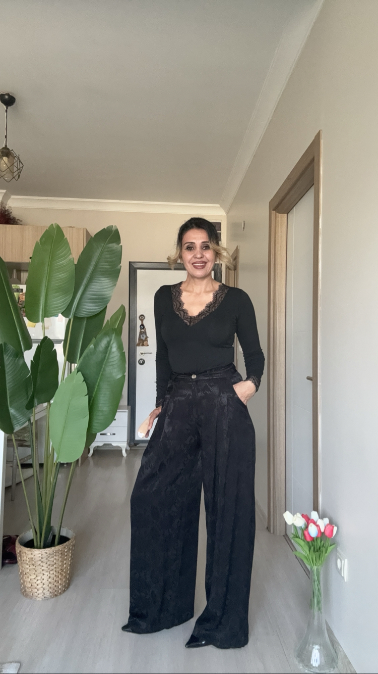 Desenli Palozza Pantolon Siyah