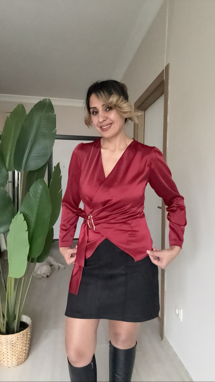 Saten Kruvaze Yaka Gömlek Bordo 