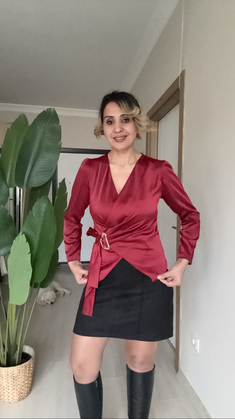 Saten Kruvaze Yaka Gömlek Bordo 