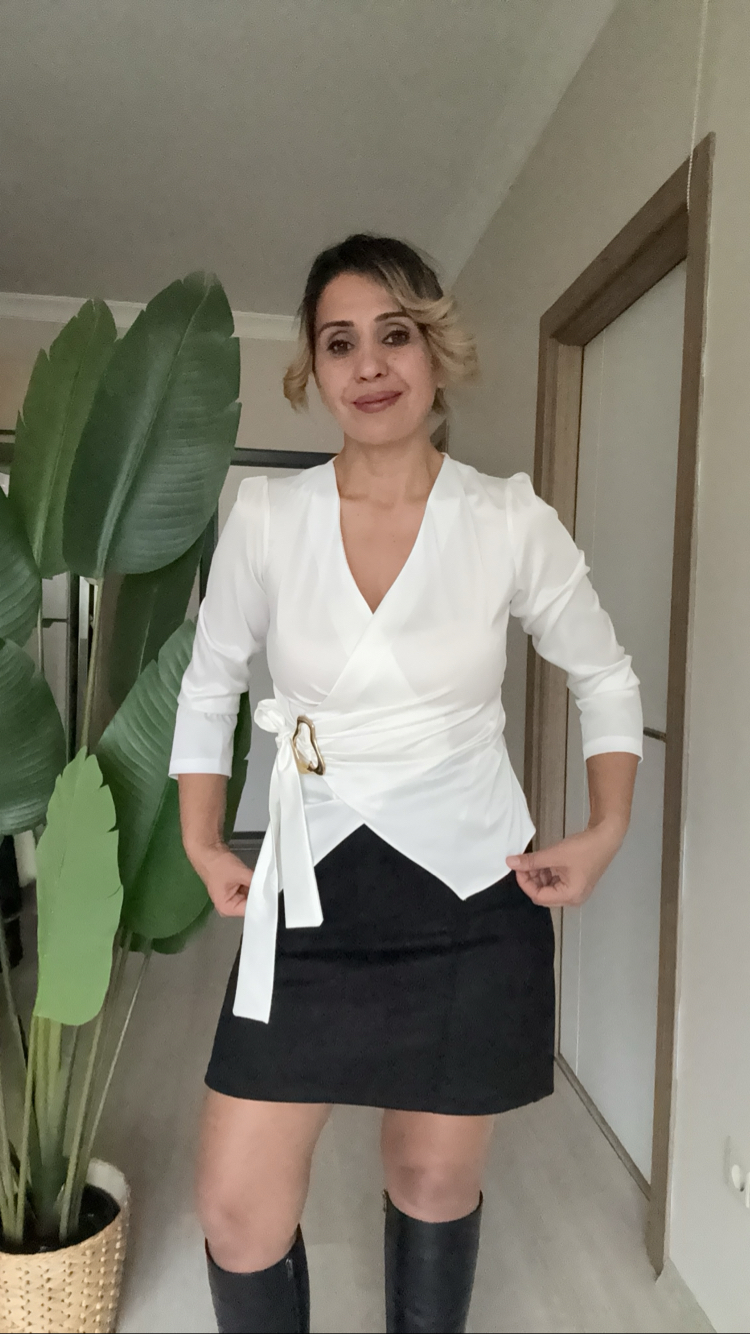 Saten Kruvaze Yaka Gömlek Kırık Beyaz 