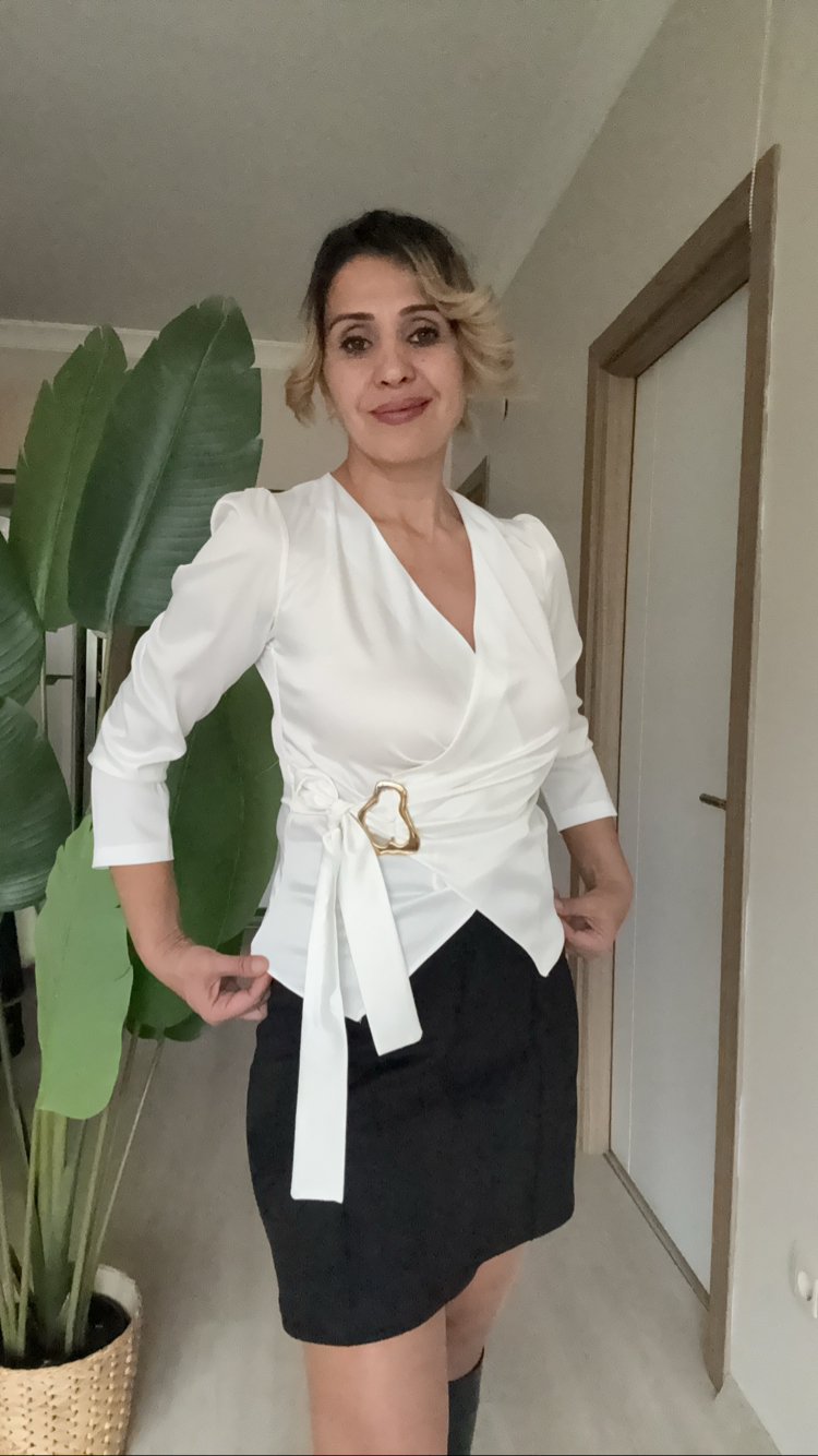 Saten Kruvaze Yaka Gömlek Kırık Beyaz 
