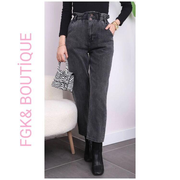 LACİVERT BEL LASTİKLİ MOM JEAN PANTOLON