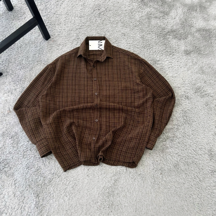 Zara Ekoseli Yazlık Keten Oversize Gömlek | Kahverengi