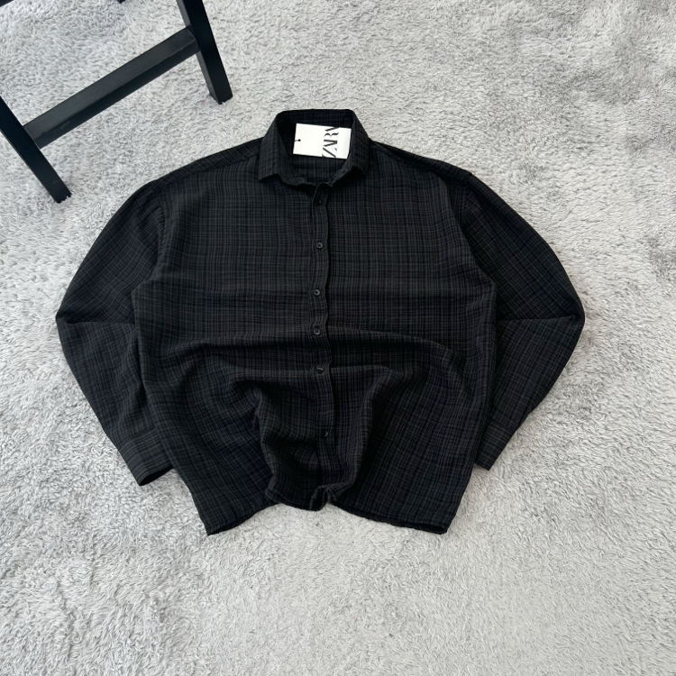 Zara Ekoseli Yazlık Keten Oversize Gömlek | Siyah