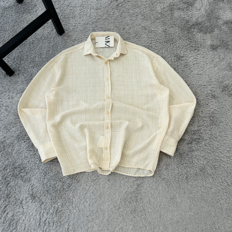 Zara Ekoseli Yazlık Keten Oversize Gömlek | Krem