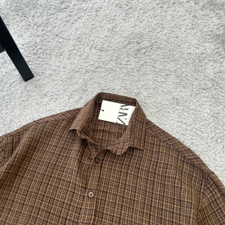 Zara Ekoseli Yazlık Keten Oversize Gömlek | Kahverengi