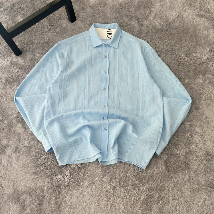 Zara Örgü Desen Ham Keten Oversize Gömlek | Bebe Mavisi
