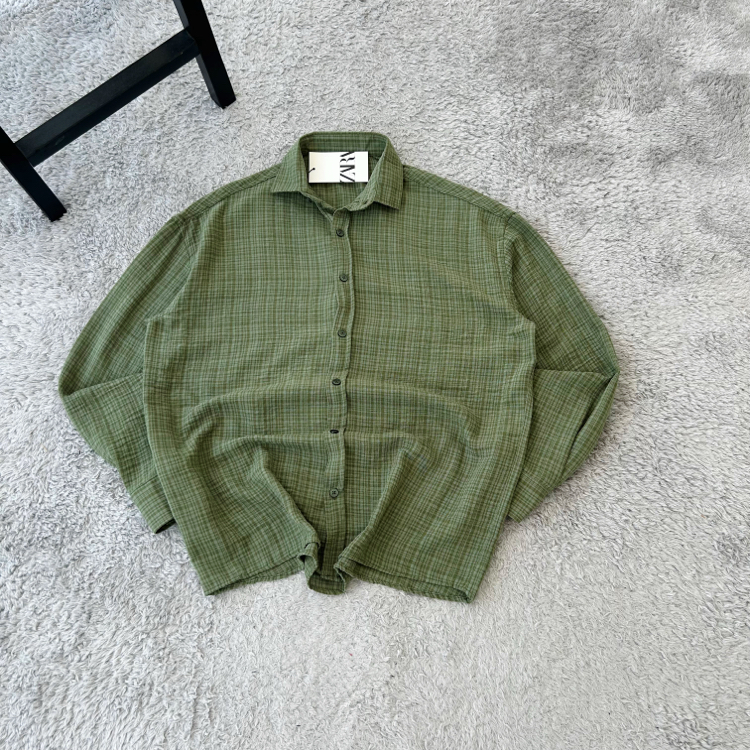 Zara Ekoseli Yazlık Keten Oversize Gömlek | Haki