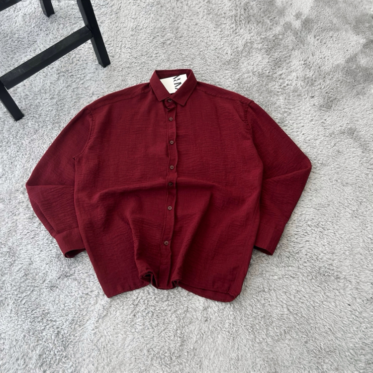 Zara Oversize Pera Keten Gömlek | Bordo