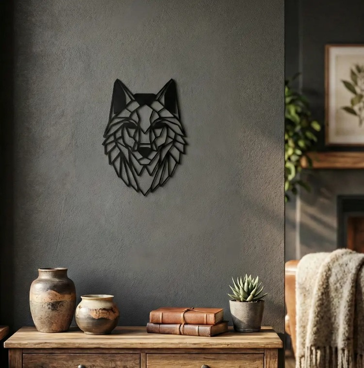 Geometrik Kurt Duvar Dekoru - Modern Siyah 3D Duvar Süsü