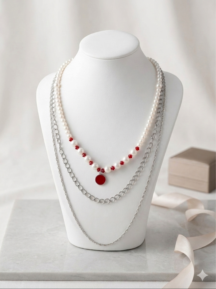 Red Crystal Üçlü Kolye