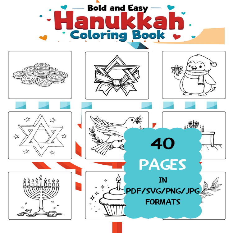 Hanukkah Coloring Book | Printable Art Book ( 40 Pages, PDF SVG JPG PNG FORMATS)