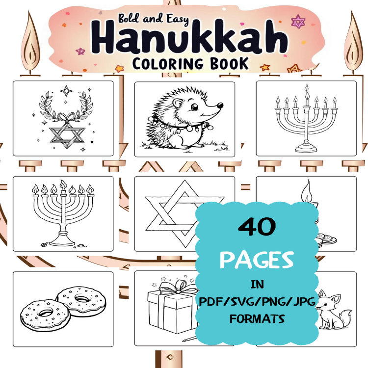 Hanukkah Coloring Book | Printable Art Book ( 40 Pages, PDF SVG JPG PNG FORMATS)