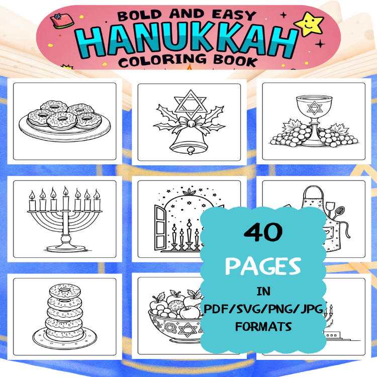 Hanukkah Coloring Book | Printable Art Book ( 40 Pages, PDF SVG JPG PNG FORMATS)
