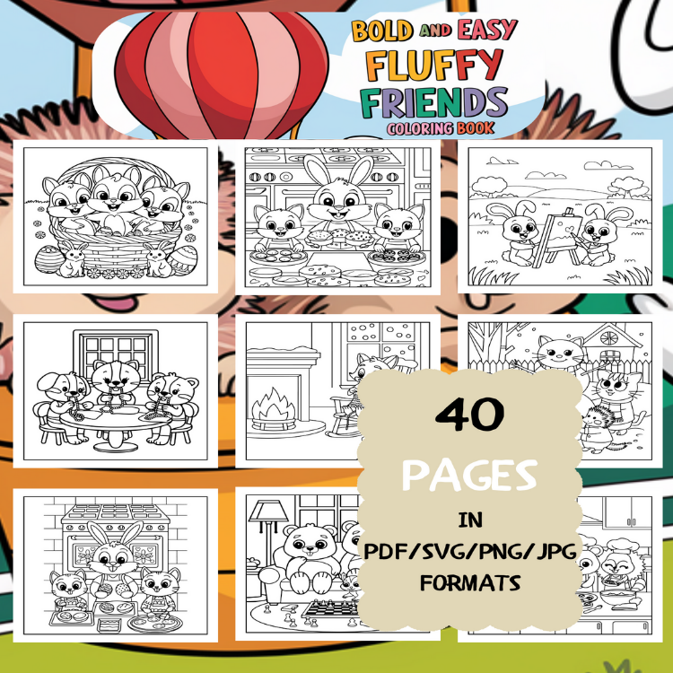 Fun Fluffy Friends Coloring Book | Printable Art Book ( 40 Pages, PDF SVG JPG PNG FORMATS)