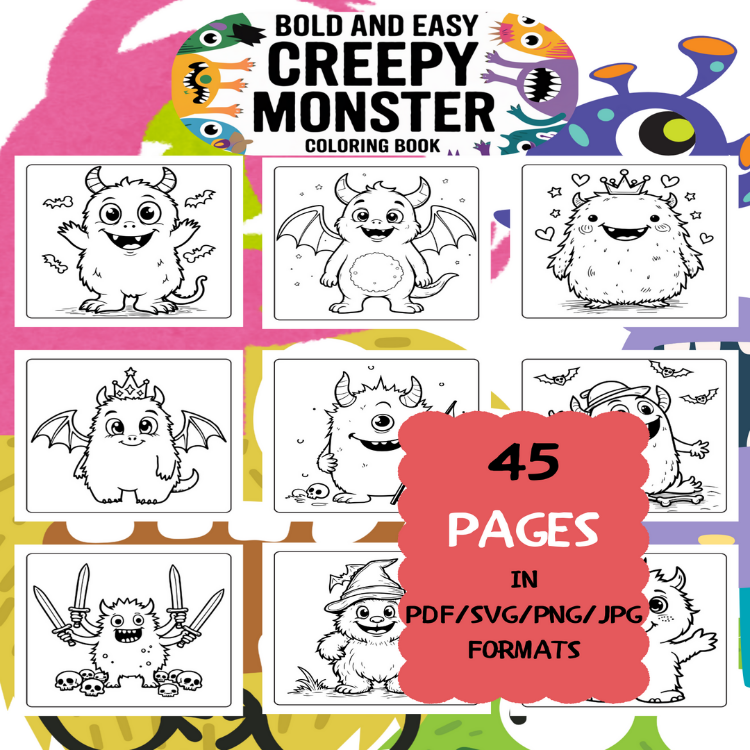 Creepy Monster Coloring Book | Printable Art Book ( 50 Pages, PDF SVG JPG PNG FORMATS)