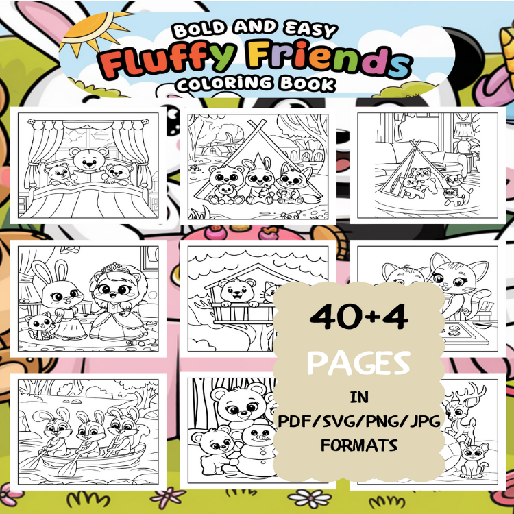 Fun Fluffy Friends Coloring Book | Printable Art Book ( 44 Pages, PDF SVG JPG PNG FORMATS)