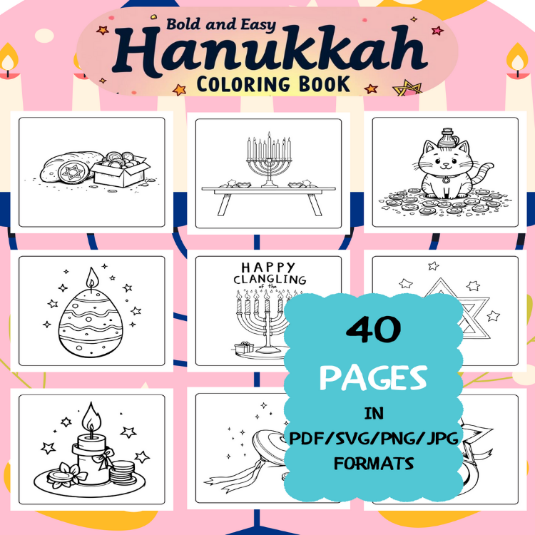 Hanukkah Coloring Book | Printable Art Book ( 40 Pages, PDF SVG JPG PNG FORMATS)