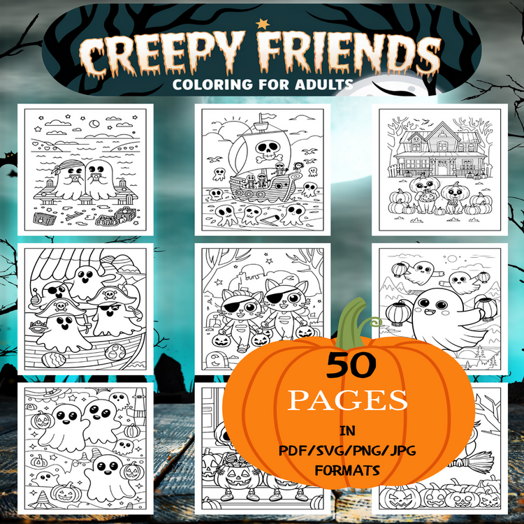 Creepy Friends Coloring Book | Printable Art Book ( 50 Pages, PDF SVG JPG PNG FORMATS)