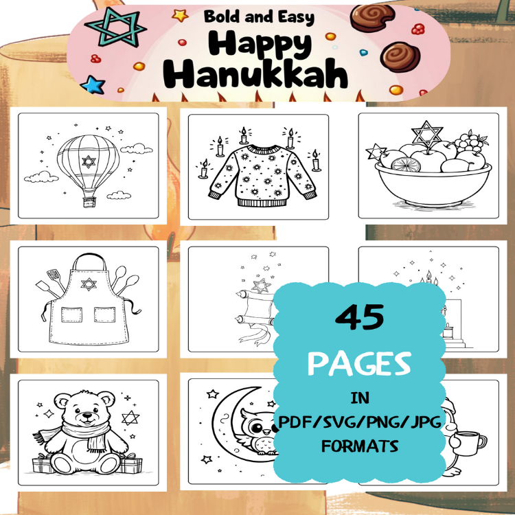 Hanukkah Coloring Book | Printable Art Book ( 45 Pages, PDF SVG JPG PNG FORMATS)