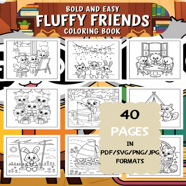 Fun Fluffy Friends Coloring Book | Printable Art Book ( 40 Pages, PDF SVG JPG PNG FORMATS)